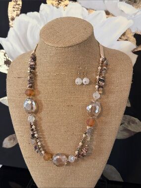 Adjustable Beaded Crystal Statement Necklace and Earrings - Cream & Gold Tones